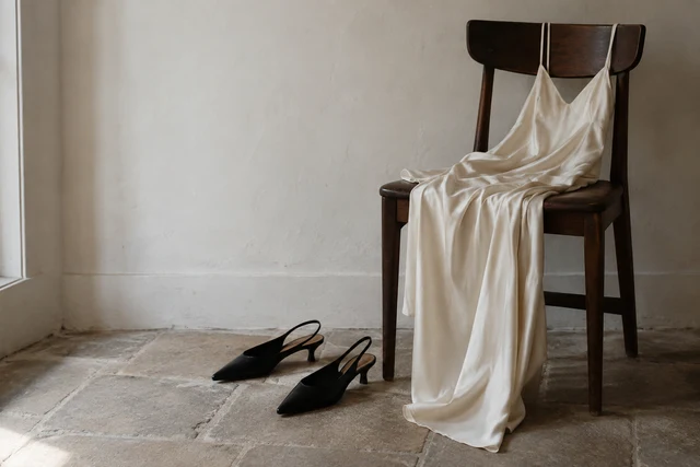 An ivory silk dress draped over a dark wooden chair, with black leather slingbacks in soft window light.